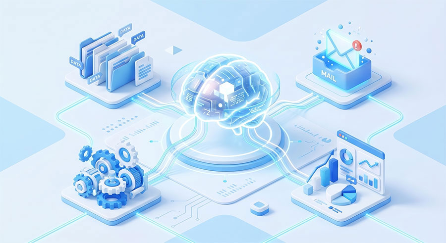 AI Agent 與 AI代理透過 API 串接多種企業雲端工具的 3D 科技風示意圖