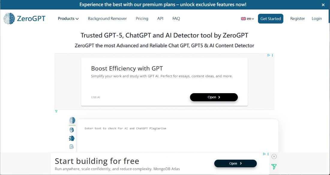 ZeroGPT 網站畫面