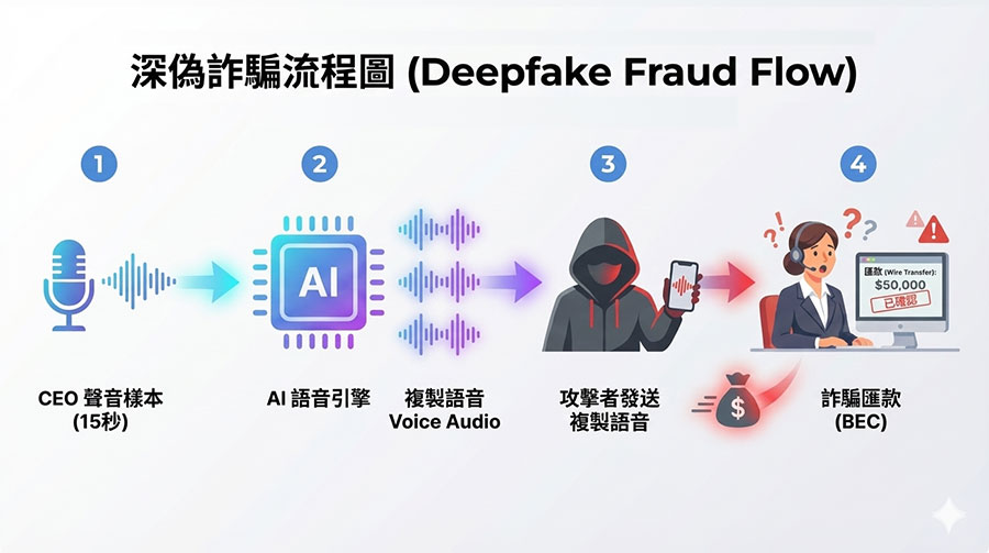 Deepfake 深偽技術詐騙流程圖：利用 AI 變聲進行商業電子郵件詐騙