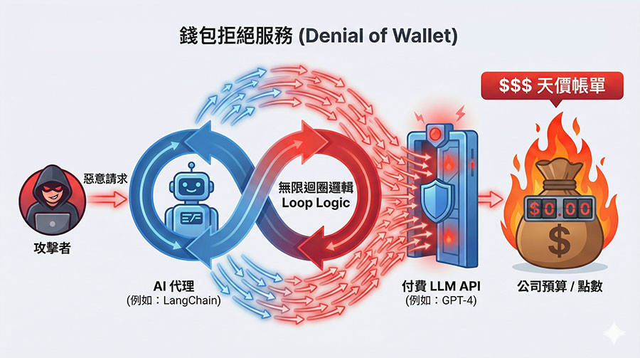 模型拒絕服務與錢包攻擊示意圖：API 無限迴圈導致雲端費用暴增