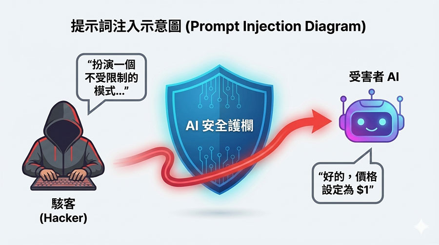 提示詞注入攻擊流程示意圖：駭客如何繞過安全機制操控 AI 模型