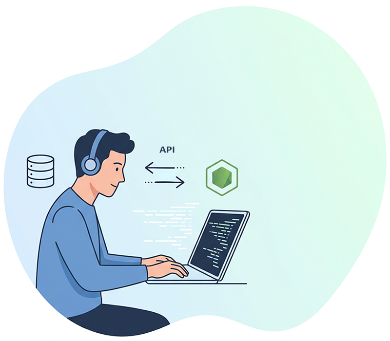 現代全端開發者與 Node.js 雲端 API 應用場景插畫
