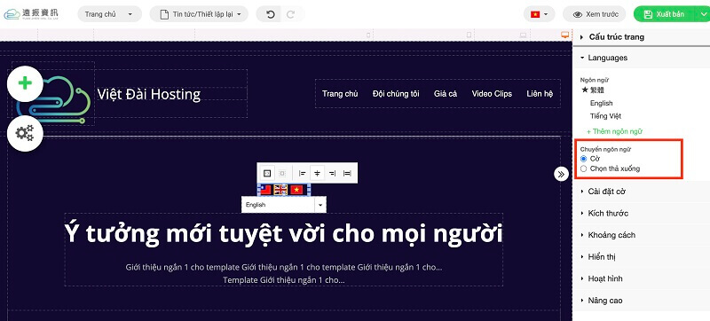 Tại phần “Chuyển đổi ngôn ngữ", có thể cài đặt cách hiển thị biểu tượng ngôn ngữ  trên website.