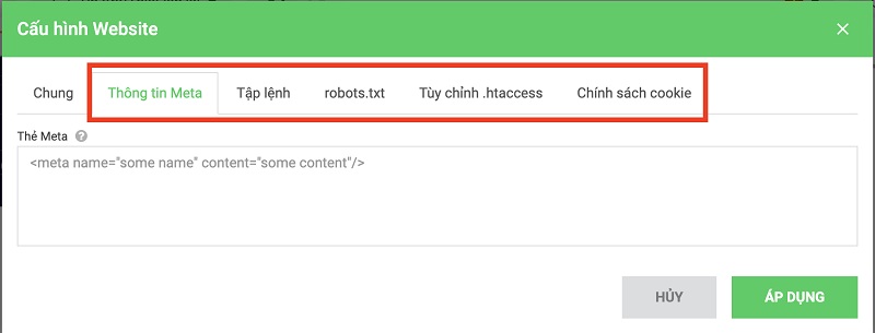 “Cài đặt" cũng có thể cài đặt Meta Tags, robots.txt, html, .htaccess hoặc chính sách cookie.