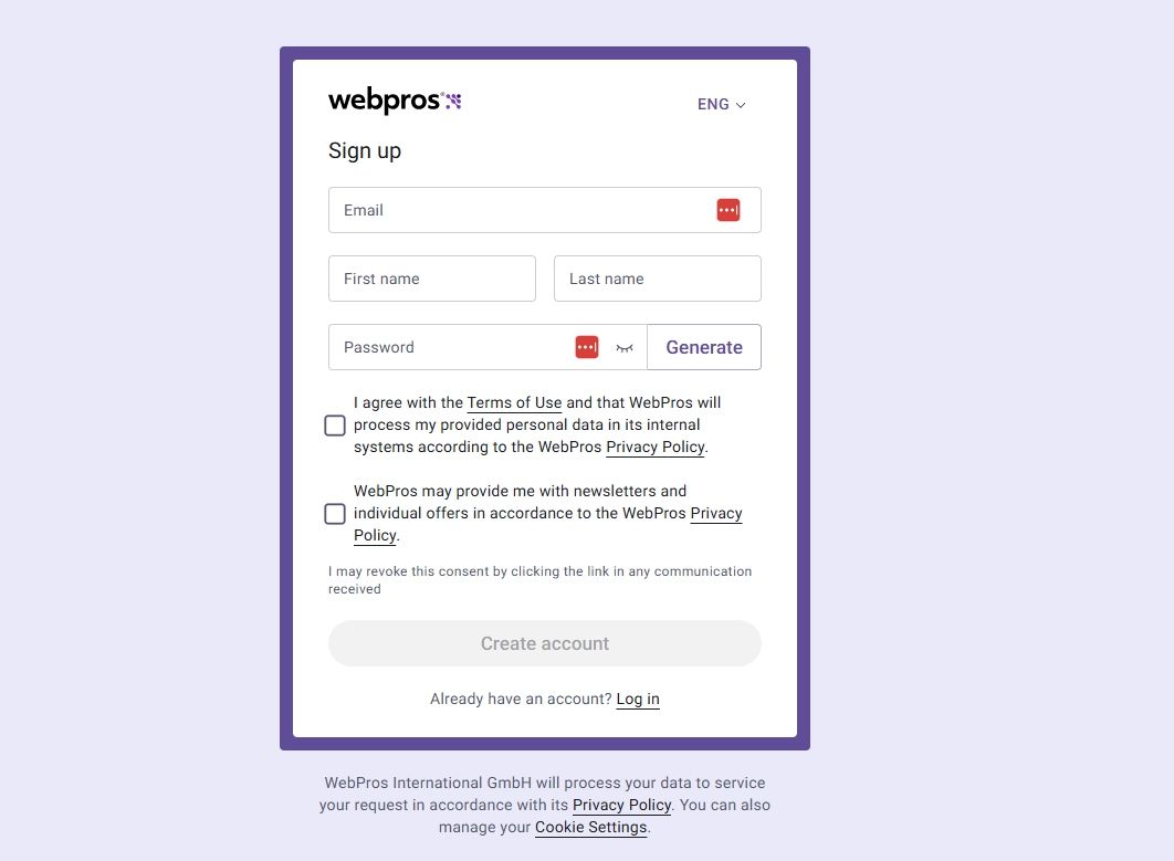 WebPros 註冊填寫資料畫面