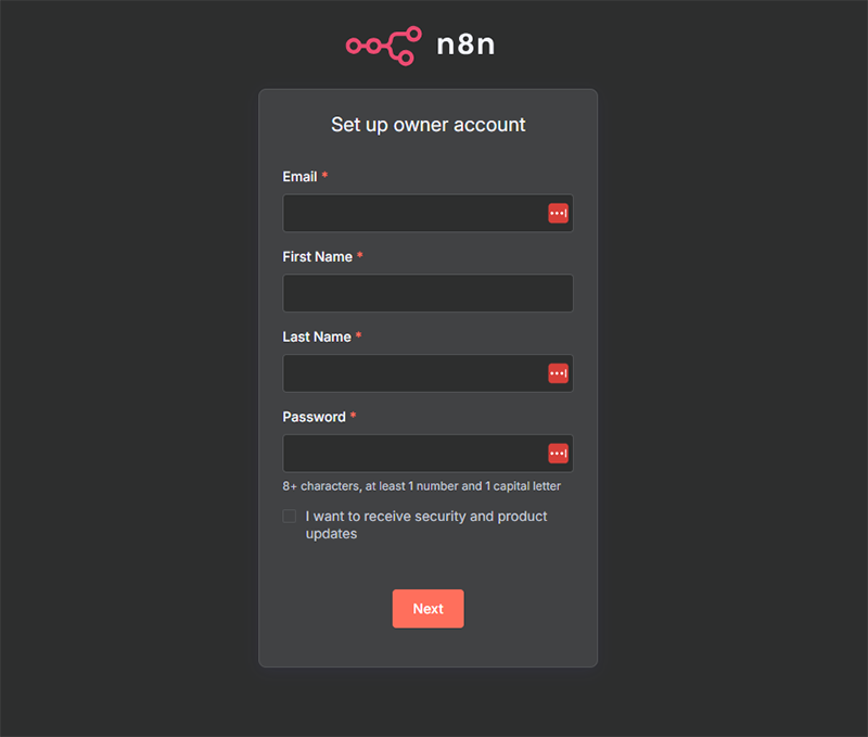 N8N 首次登入畫面