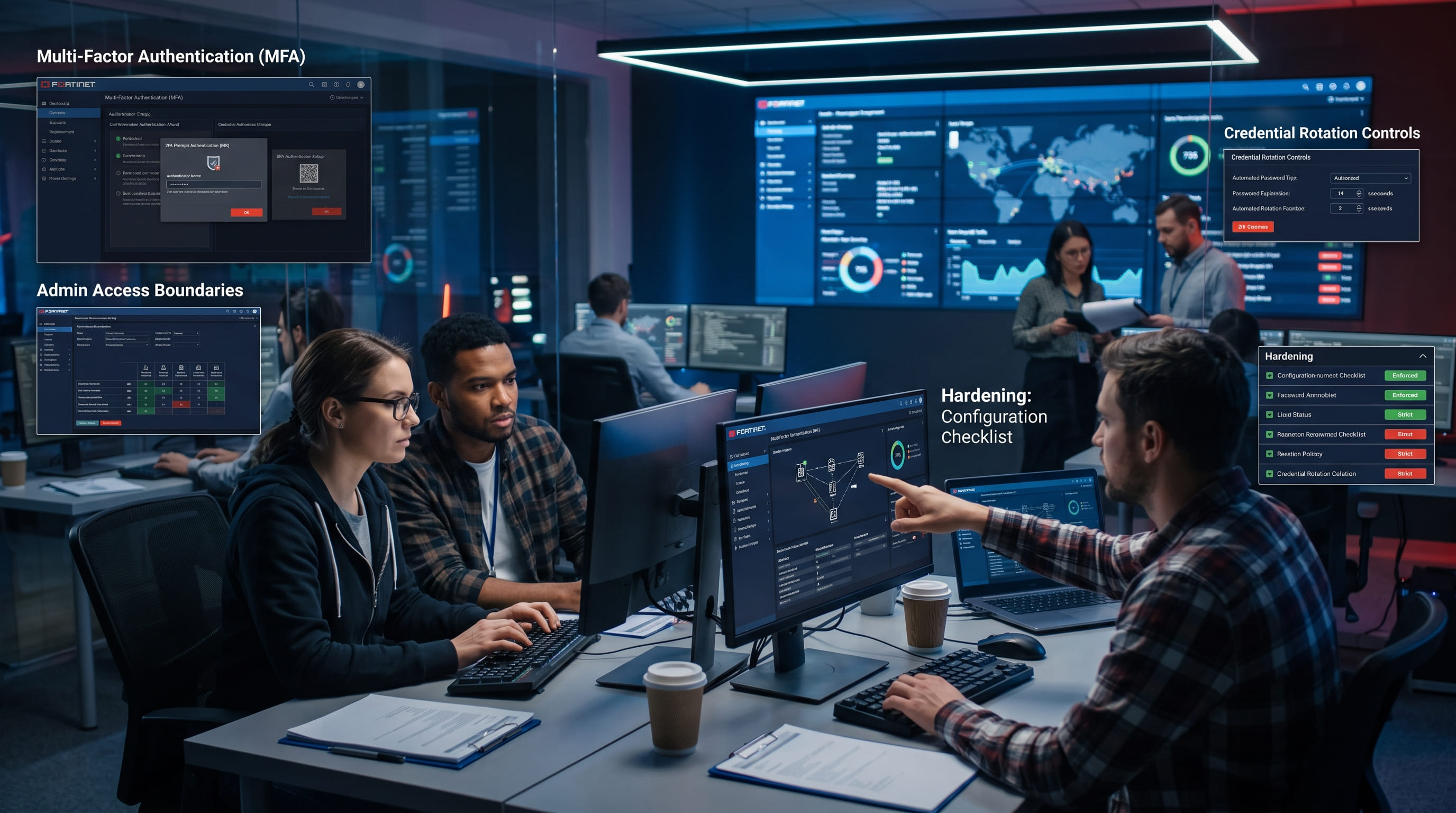 A security operations team hardening a management dashboard with MFA and access boundaries visible
